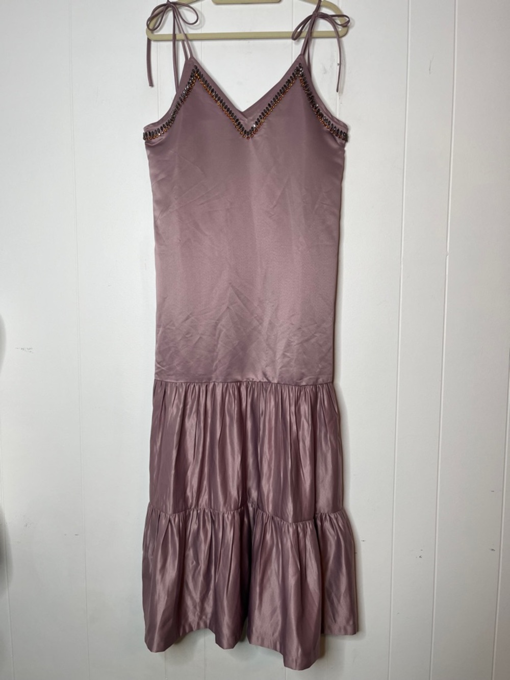 Anthro x Dhruv Kapoor tiered v-neck maxi dress drop waist crystal details